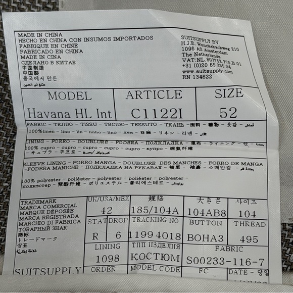 Suitsupply Solbiati 100% Linen Jacket Havana HL INT Unstructured Men 43R Gray - Picture 11 of 16